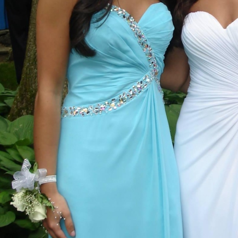 Blue Faviana Prom Dress w rhinestones size 0 - Picture 3 of 17